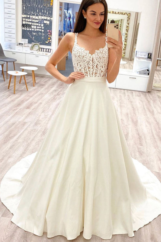 White Sweetheart Lace Satin Long Prom Dress White Evening Dress