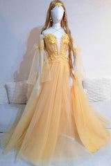 Yellow Sweetheart Lace Tulle Long Prom Dress Yellow Formal Dress