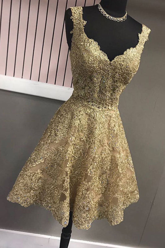 Gold V-Neck Lace Short Prom Dress Gold Homecoming Dress