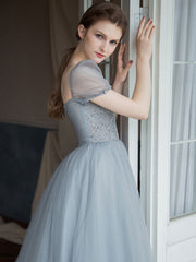 Gray Tulle Beaded Long Prom Dress Tulle Long Sweet 16 Dress