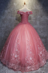 Pink Sweetheart Off-Shoulder Lace Tulle Long Prom Gown Sweet 16 Dress