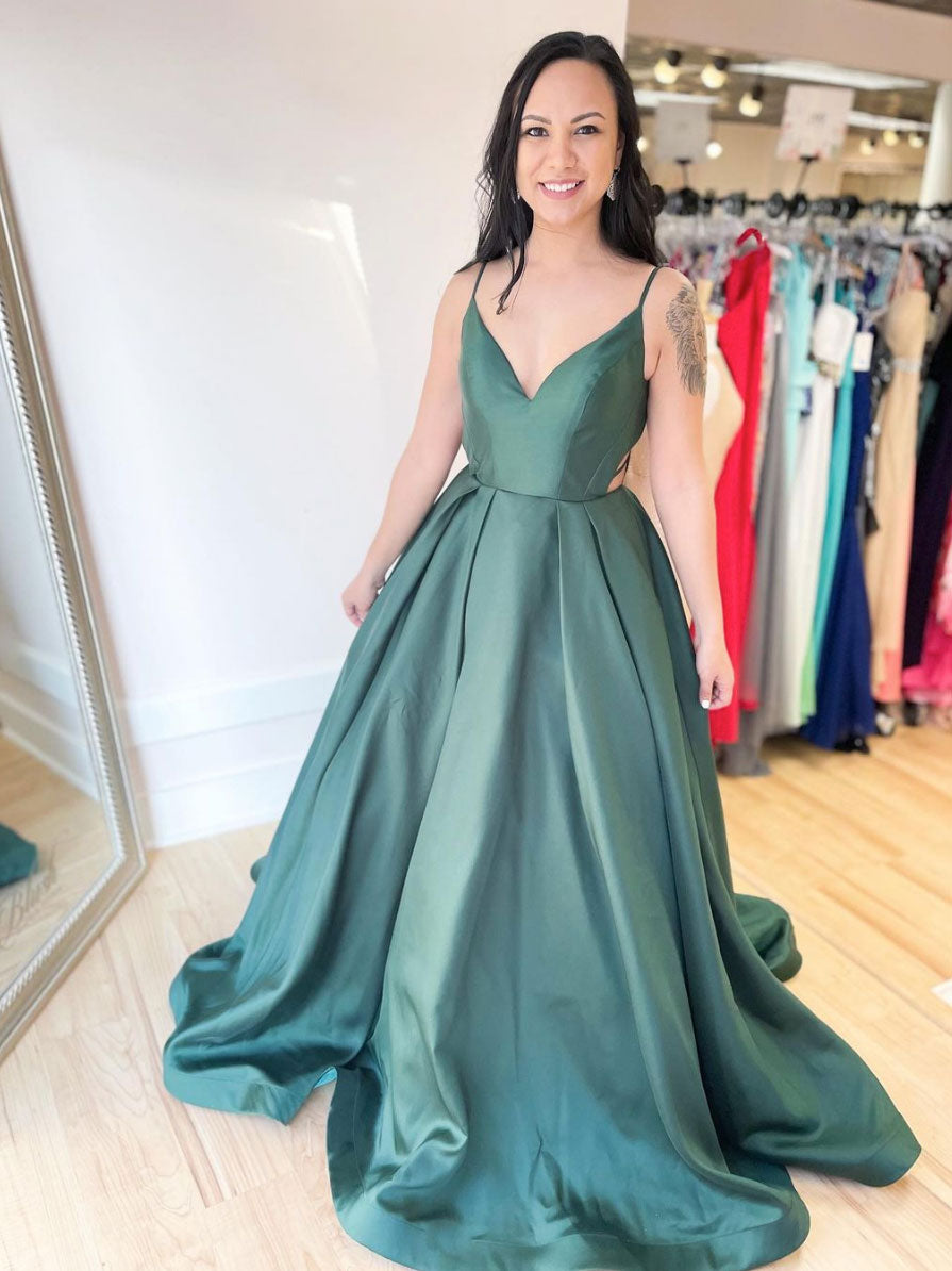 Simple V-Neck Satin Green Long Prom Dress Green Long Evening Dress