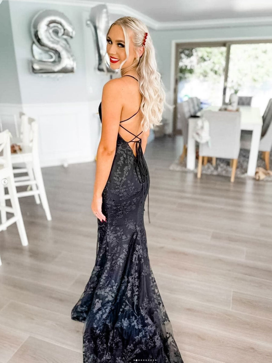 Black Lace Mermaid Long Prom Dress Black Lace Evening Gown