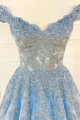 Blue Sweetheart Off-Shoulder Lace Tulle Long Prom Dress Lace Formal Dress