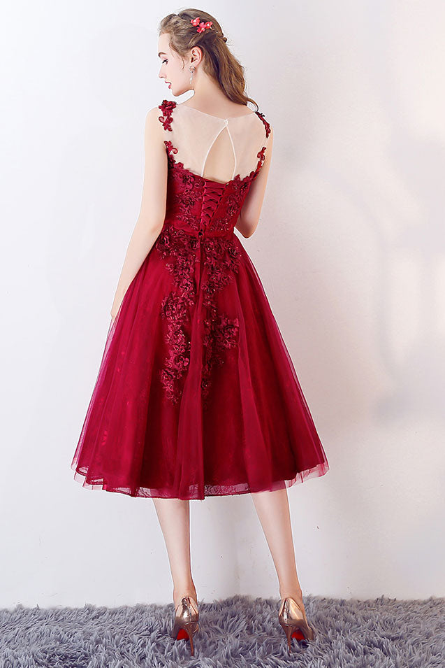 Unique Burgundy Round Neck Tulle Prom Dress Burgundy Evening Dress