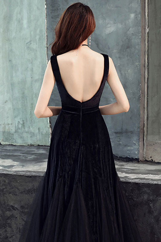 Simple Black Tulle Long Prom Dress Black Evening Dress