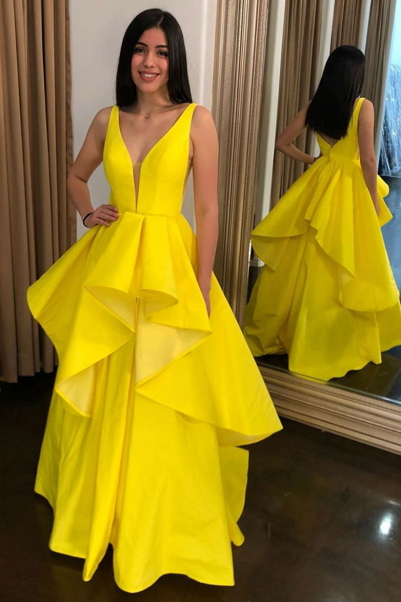 Simple Yellow Satin Long Prom Dress Yellow Evening Gown