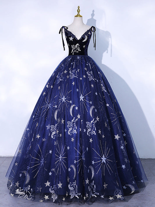 Dark Blue A-Line Tulle Lace Long Prom Dress Blue Lace Formal Dress