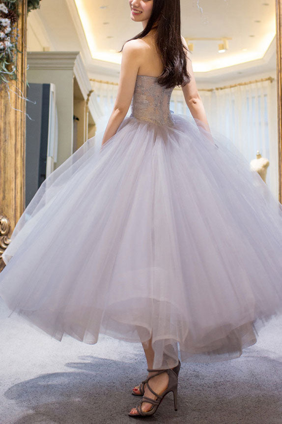 Gray Sweetheart Tulle Lace Short Prom Gown Gray Lace Cocktail Dress