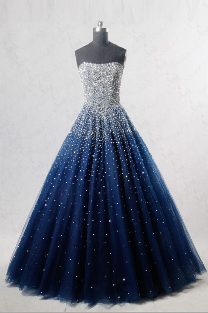 Blue Sweetheart Sequin Tulle Long Prom Dress Blue Evening Dress