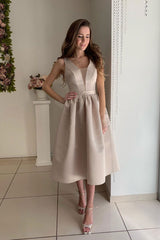 Simple V-Neck Satin Bridesmaid Dress Tea-Length Prom Dress