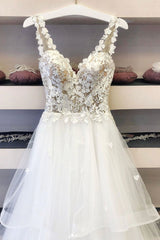 White V-Neck Tulle Lace Long Prom Dress White Lace Evening Dress