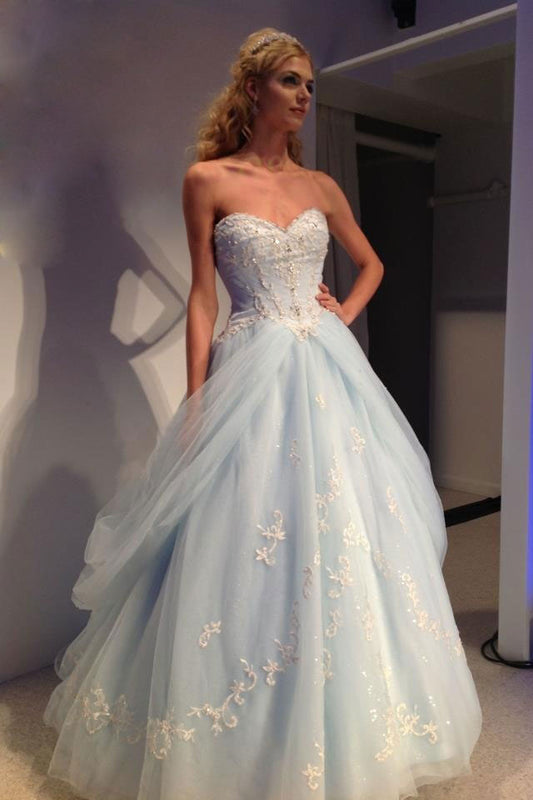 Blue Sweetheart Neck Tulle Lace Appliqu¨¦ Long Prom Dress Blue Evening Dress