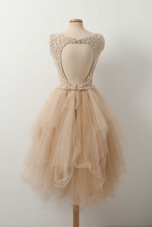 Champagne Tulle Beaded Short Prom Dress Champagne Tulle Homecoming Dress