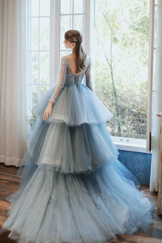 Blue Round Neck Tulle Sequin Long Prom Gown Blue Formal Gown