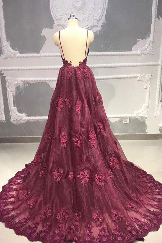 Burgundy Tulle Lace Long Prom Dress Burgundy Evening Dress