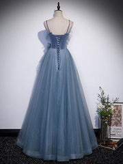 Gray Blue Tulle Long Prom Dress Gray Blue A-Line Evening Dress