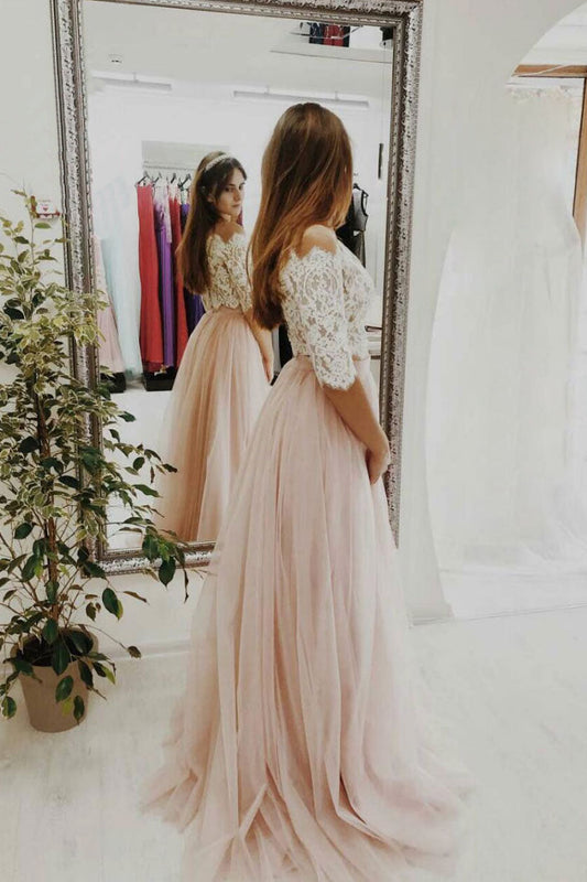 Pink Two-Piece Lace Tulle Long Prom Dress Pink Tulle Evening Dress