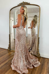 Sparkly Champagne Deep V Neck Sequin Mermaid Prom Dress