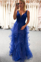 Blue V-Neck Tulle Lace Long Prom Dress Blue Tulle Formal Dress