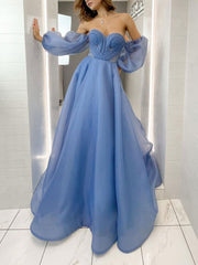 Blue Sweetheart Neck Organza Long Prom Dress Blue Evening Dress