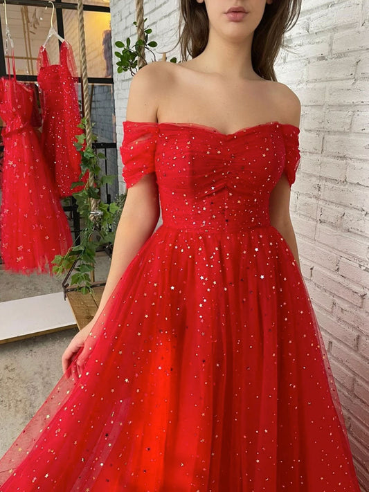 Simple Red Tulle Off-Shoulder Long Prom Dress Red Tulle Formal Dress