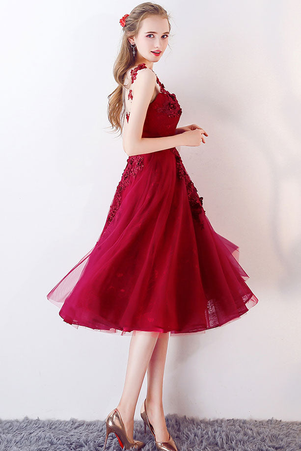 Unique Burgundy Round Neck Tulle Prom Dress Burgundy Evening Dress