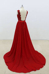 Burgundy V-Neck Lace Chiffon Long Prom Dress Burgundy Bridesmaid Dress