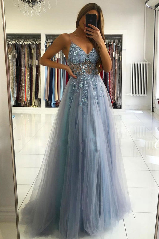 Gray Blue V-Neck Tulle Beaded Long Prom Dress Blue Formal Dress