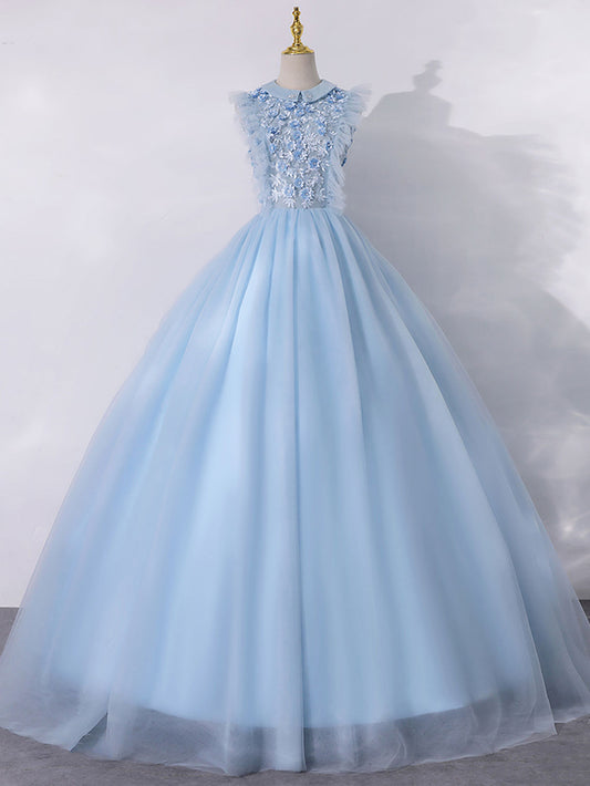 Blue A-Line Tulle Long Prom Dress Blue Formal Evening Dress