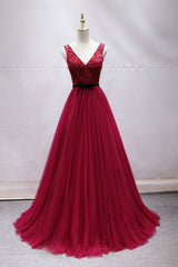 Burgundy Tulle Lace Long Prom Dress Burgundy Lace Formal Dress