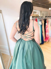 Simple V-Neck Satin Green Long Prom Dress Green Long Evening Dress