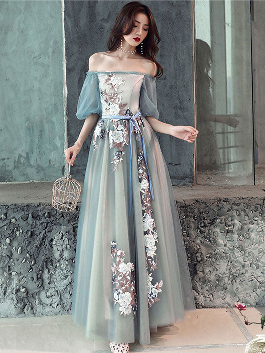 Gray Blue Tulle Lace Long Prom Dress Gray Tulle Formal Dress