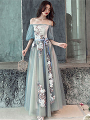 Gray Blue Tulle Lace Long Prom Dress Gray Tulle Formal Dress