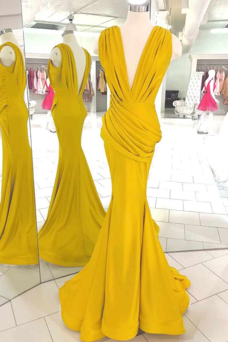 Yellow V-Neck Long Prom Dress Yellow Evening Dress