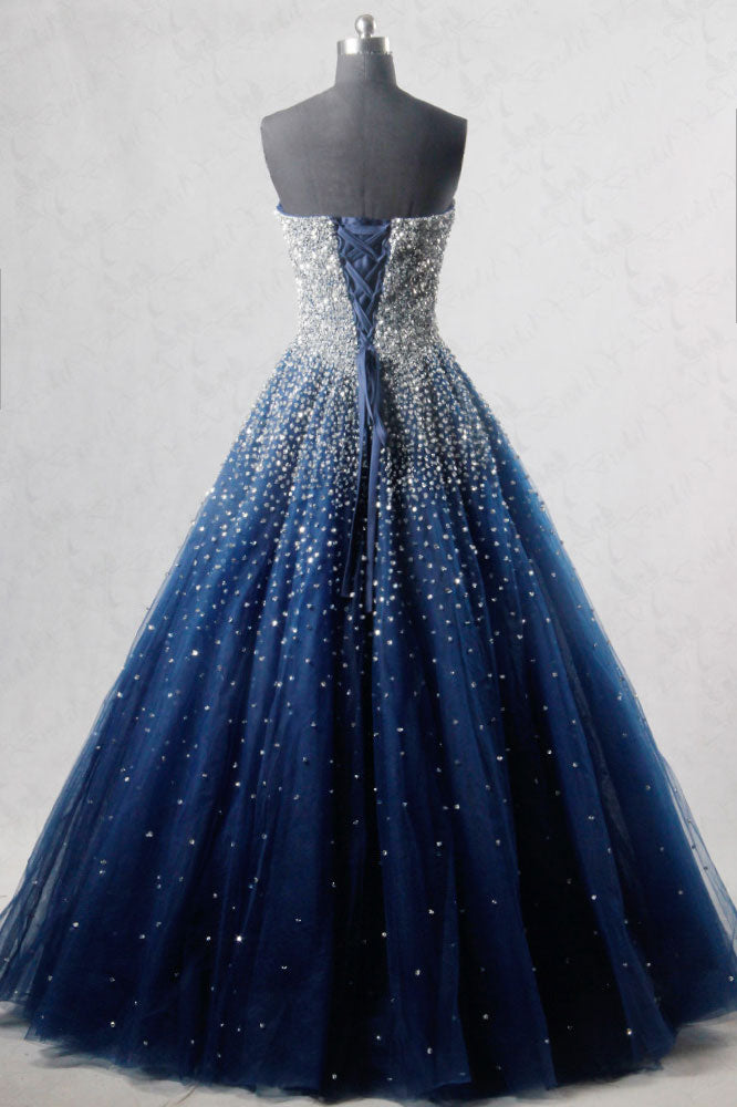 Blue Sweetheart Sequin Tulle Long Prom Dress Blue Evening Dress