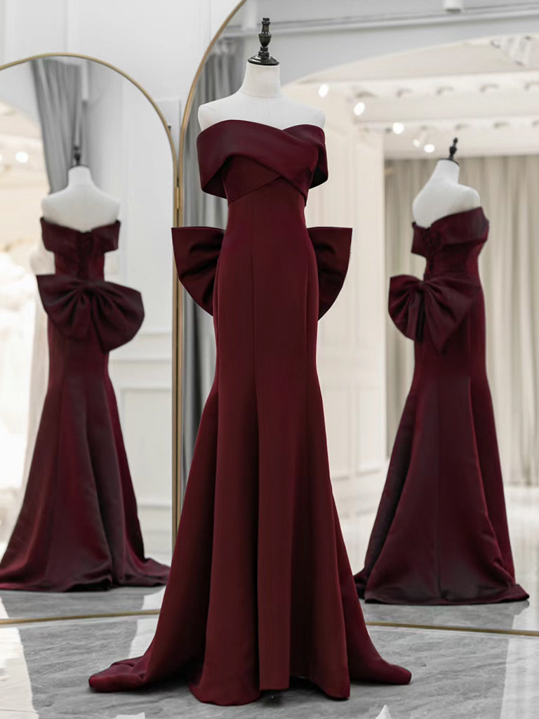 Simple Off-Shoulder Satin Burgundy Long Prom Dress Mermaid Long Evening Dress