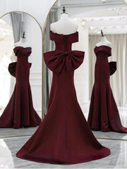 Simple Off-Shoulder Satin Burgundy Long Prom Dress Mermaid Long Evening Dress