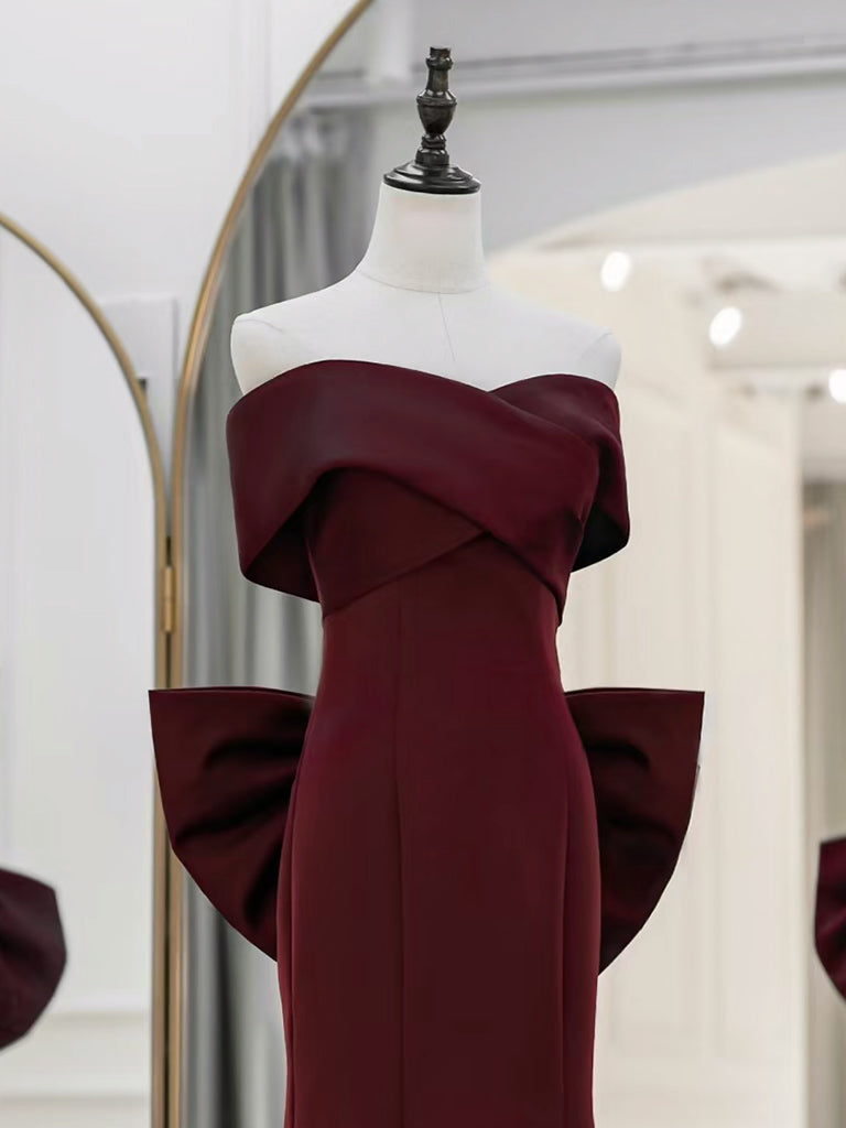 Simple Off-Shoulder Satin Burgundy Long Prom Dress Mermaid Long Evening Dress