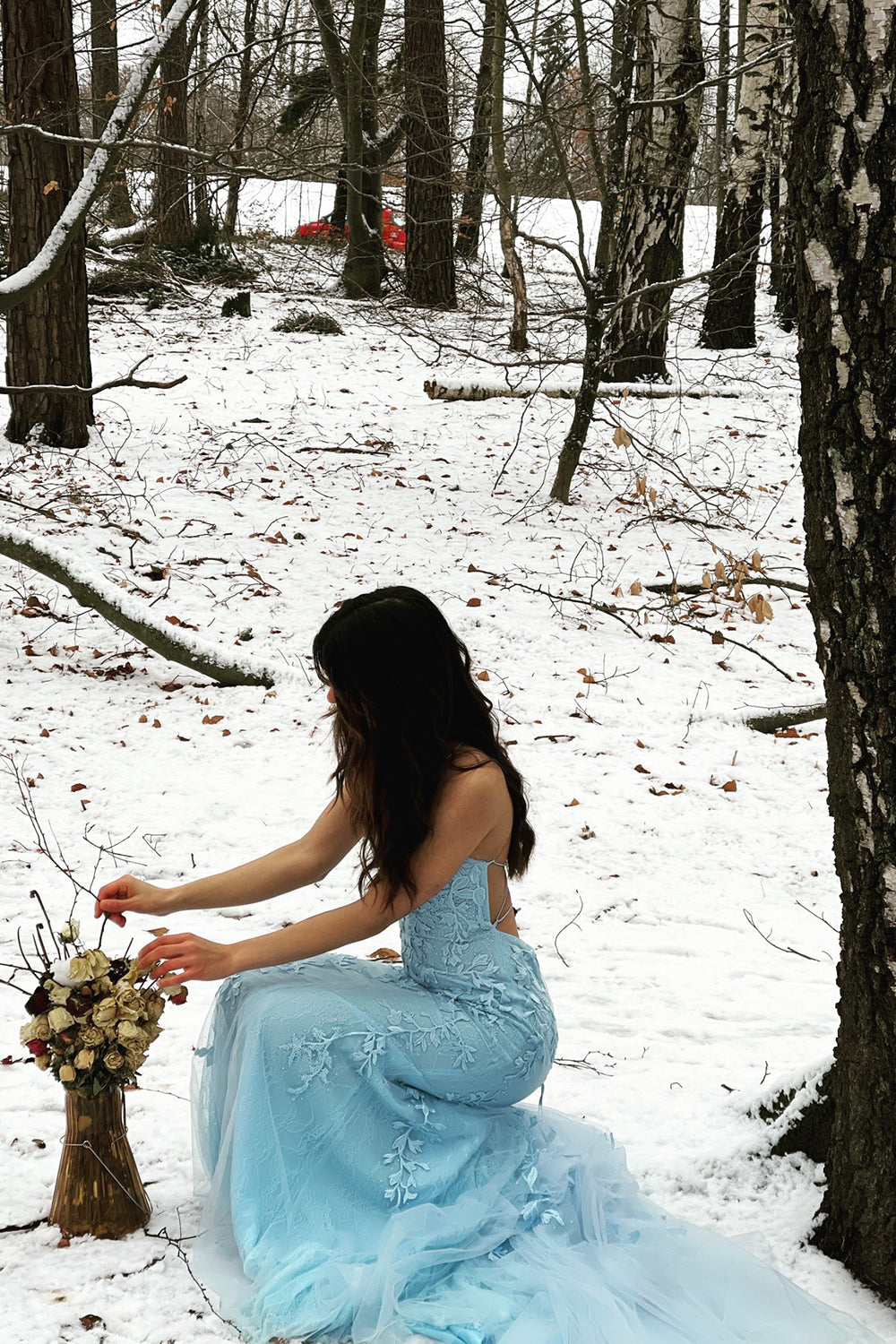 Blue Mermaid Tulle Backless Long Prom Dress with Lace