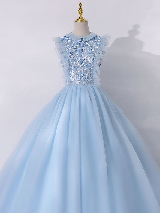 Blue A-Line Tulle Long Prom Dress Blue Formal Evening Dress