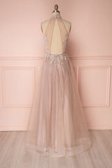 Unique Lace Appliqu¨¦ Tulle Long Prom Dress Tulle Evening Dress