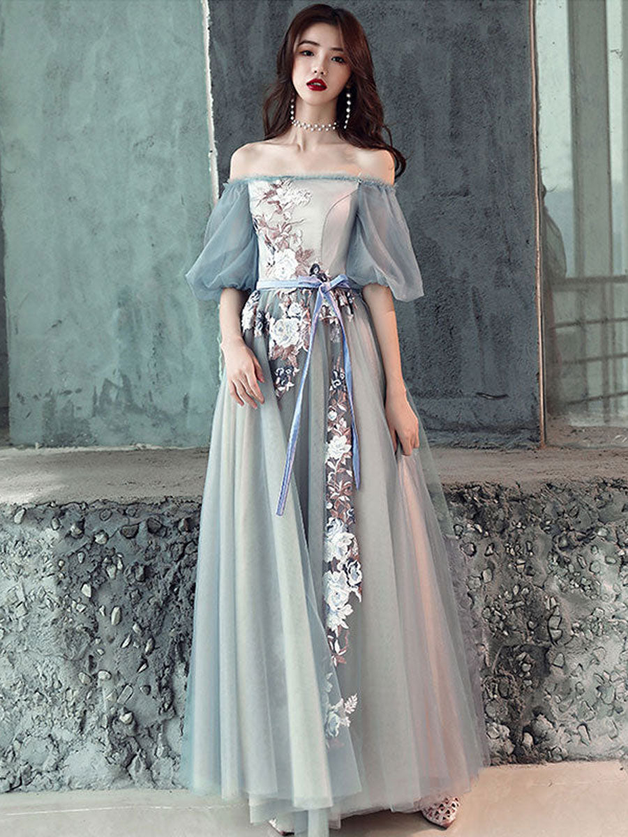 Gray Blue Tulle Lace Long Prom Dress Gray Tulle Formal Dress