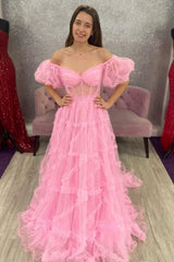 A Line Off the Shoulder Red Tulle Corset Prom Dress with Bowknot