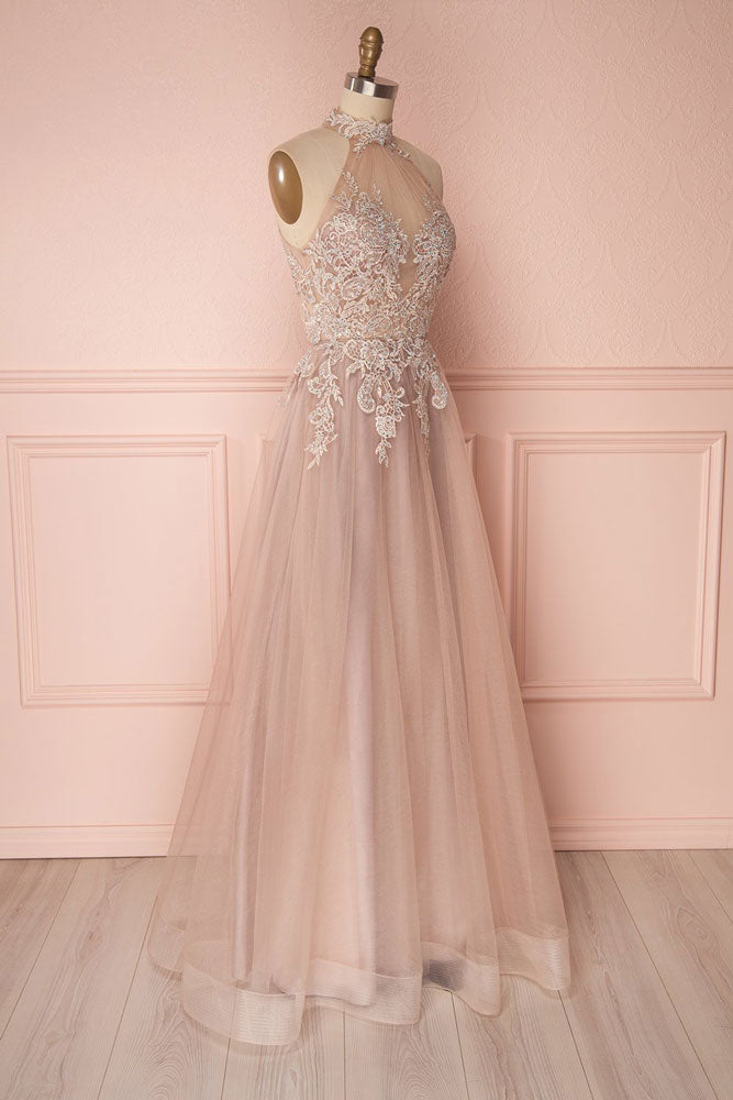 Unique Lace Appliqu¨¦ Tulle Long Prom Dress Tulle Evening Dress