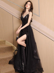 A-Line V-Neck Sequin Tulle Black Long Prom Dress Black Long Evening Dress