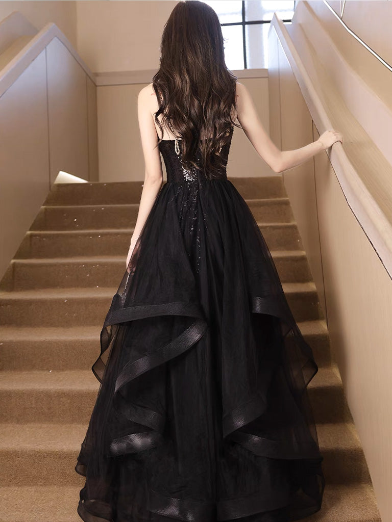 A-Line V-Neck Sequin Tulle Black Long Prom Dress Black Long Evening Dress