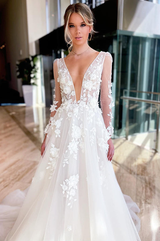 Romantic Ivory A-Line Illusion Deep V-Neck Long Sleeves Wedding Dress