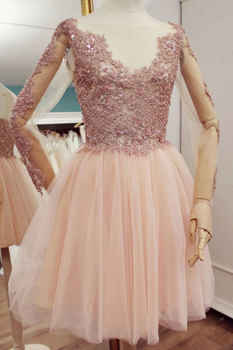 Pink Tulle Lace Short Prom Dress Pink Bridesmaid Dress