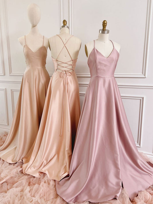 Simple A-Line Satin Long Prom Dress Pink Bridesmaid Dress